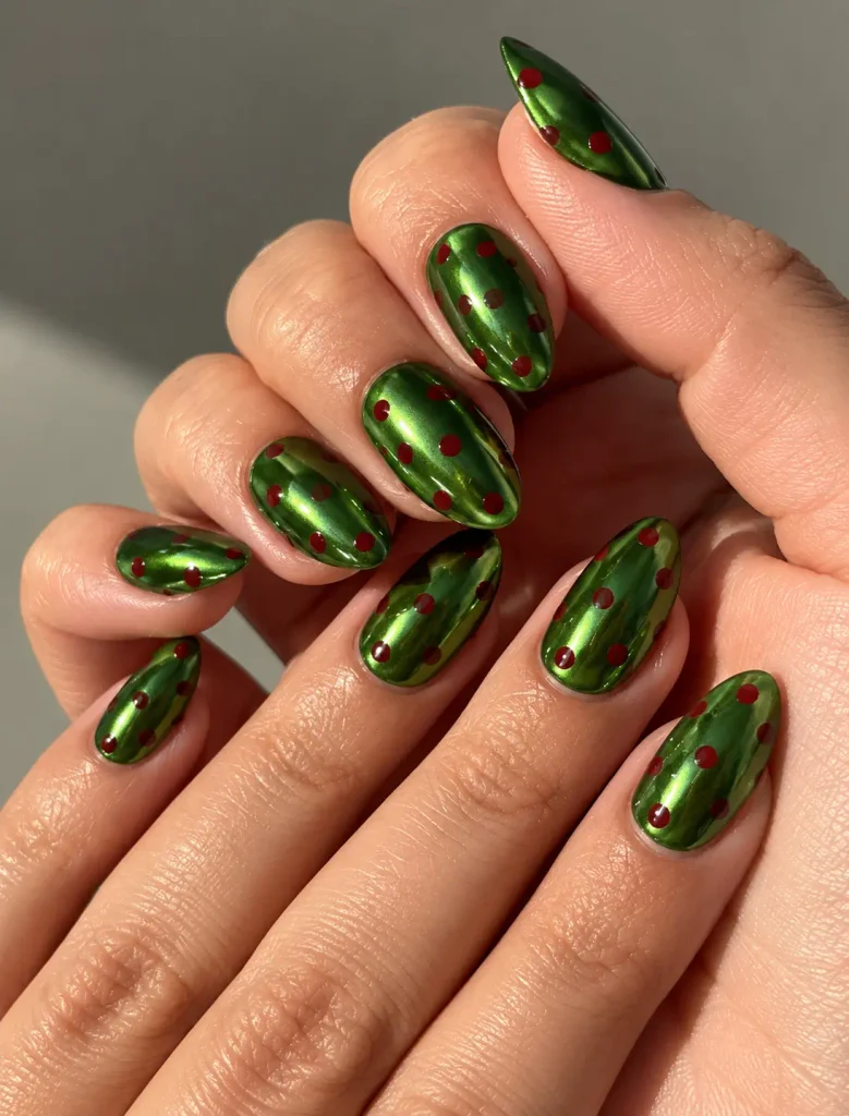 Reflective green chrome nails decorated with cherry-red polka dots