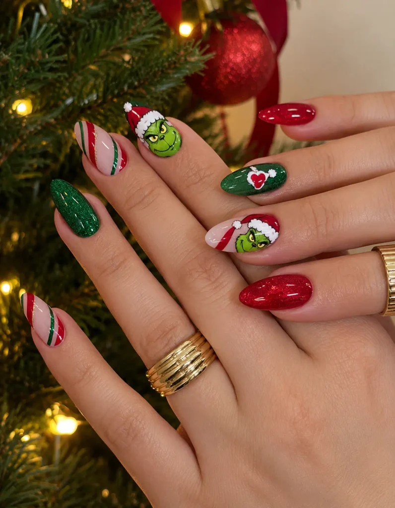 Grinch-inspired Christmas nails featuring a bright green character face and red Santa hat
