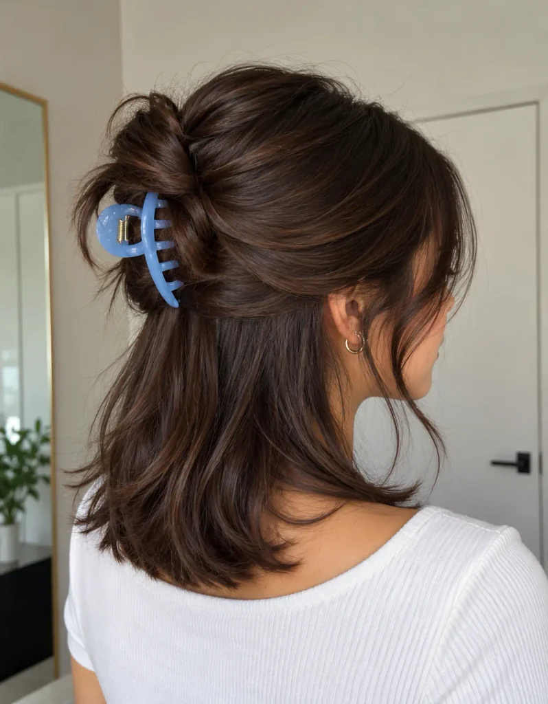 Dark brown shoulder-length hair styled half up with a claw clip