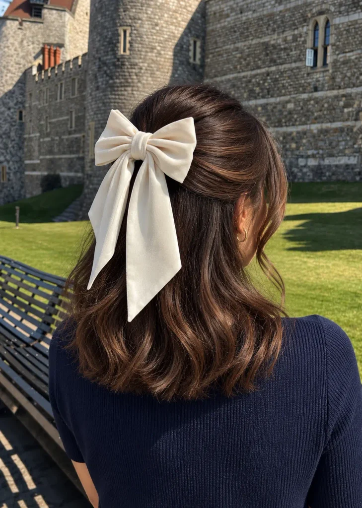 Dark brown shoulder-length hair styled half up with a velvet bow