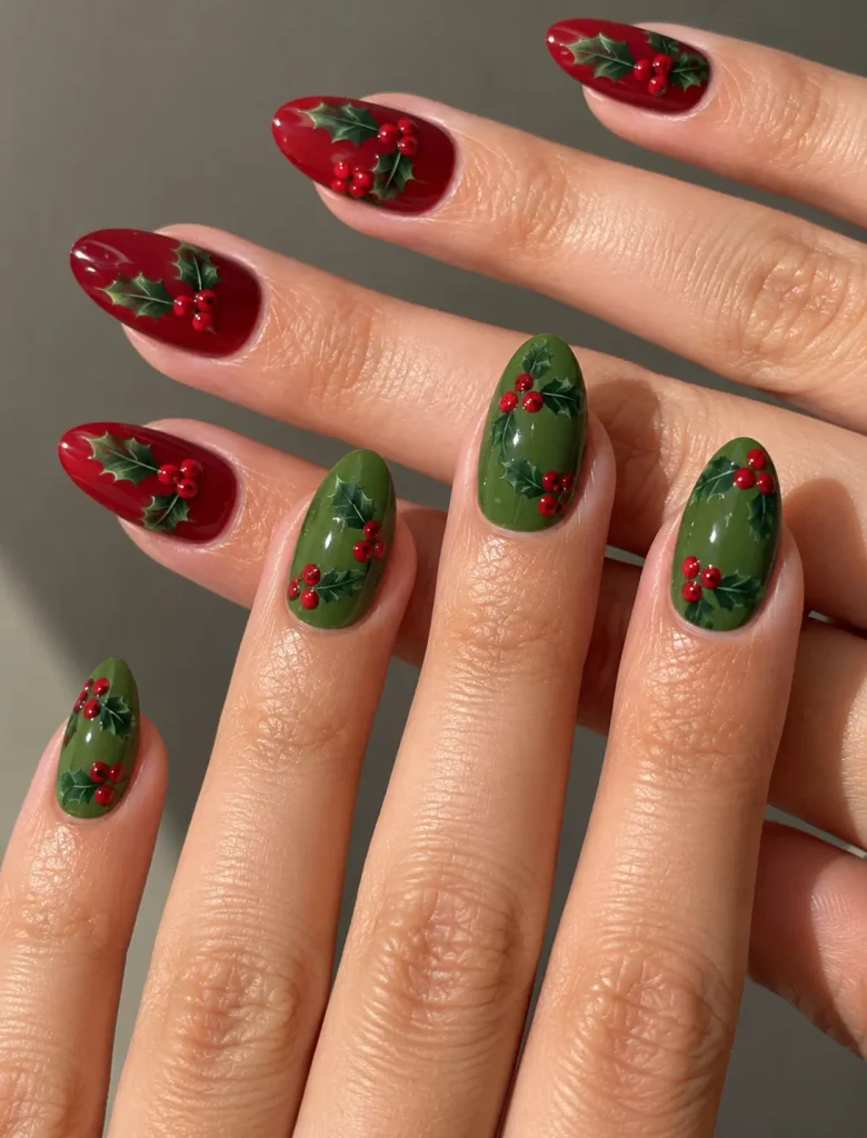 Holly berry nail art with red dots and tiny green leaves