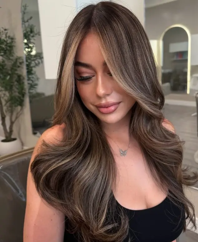 Honey blonde face-framing highlights around dark brown hair