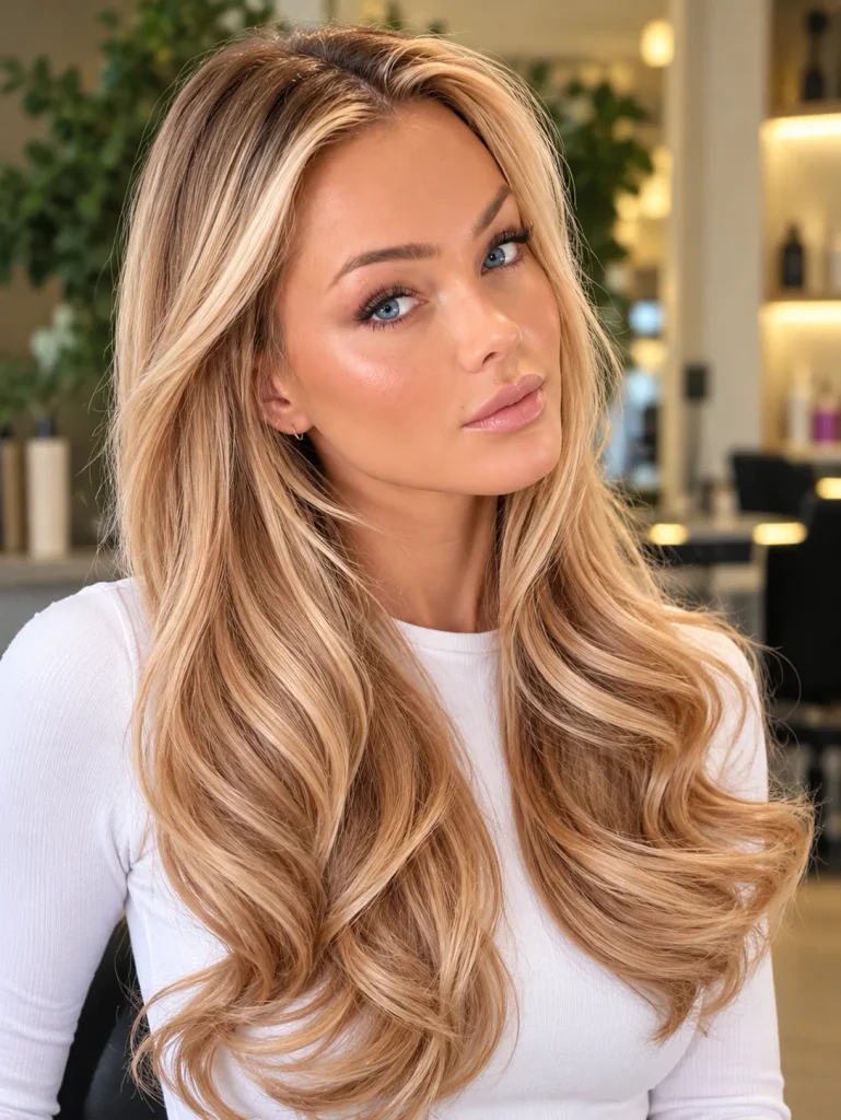 Honey blonde hair with warm golden tones and subtle dimension for a sunlit blonde finish.