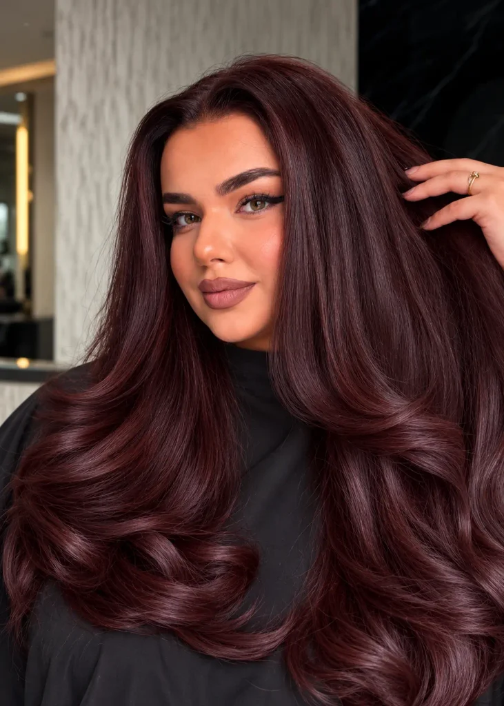 Deep maroon brown hair with muted, earthy red undertones.