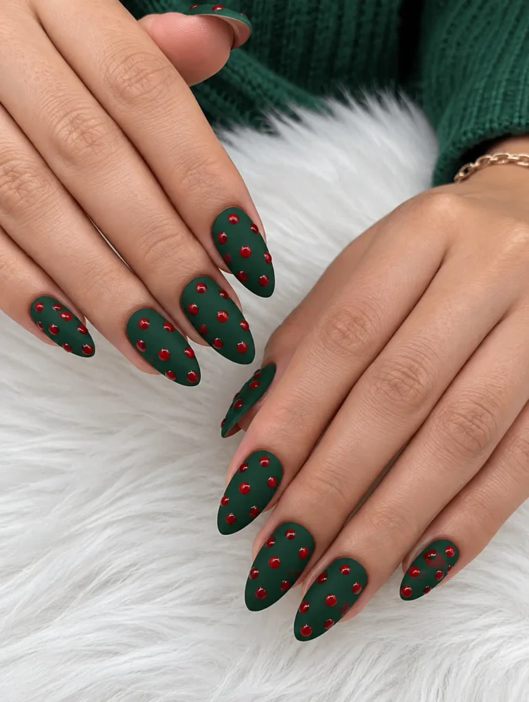Matte green nails with glossy red polka dots