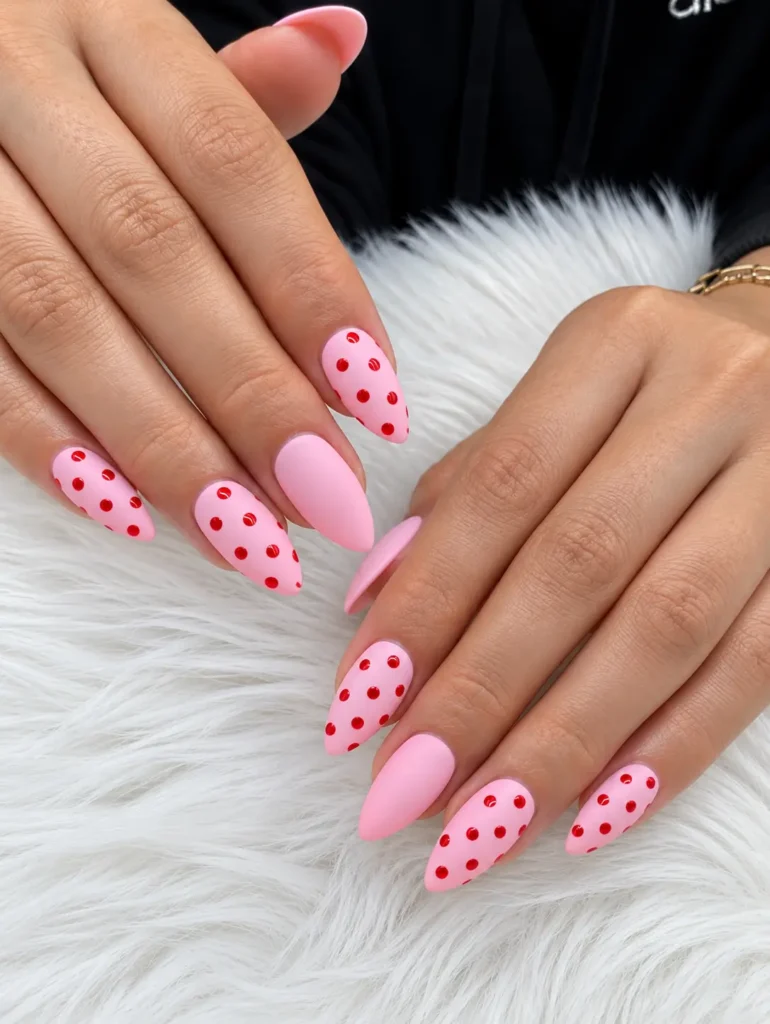 Matte pink manicure decorated with shiny red polka dots.