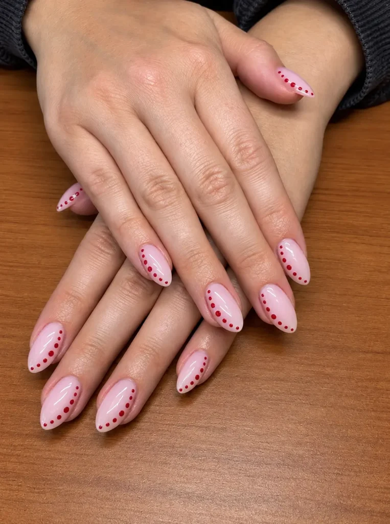 Milky pink manicure with a diagonal trail of small red dots across each nail.