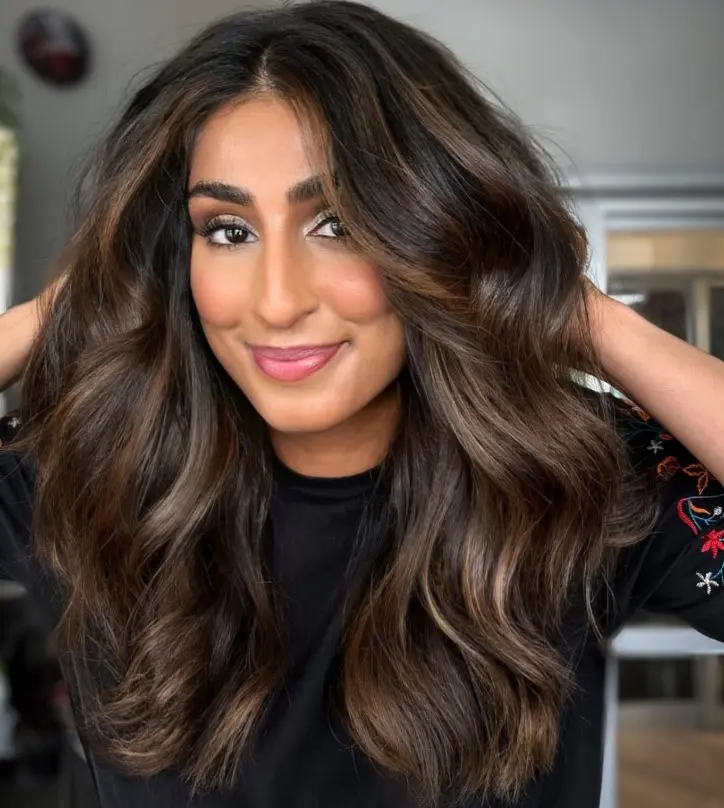 Mocha brown highlights adding subtle dimension to brunette hair