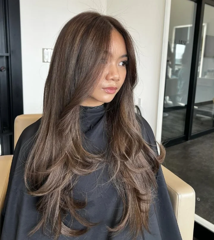 Mushroom brown hair color for light olive skin with cool beige and smoky brown undertones.