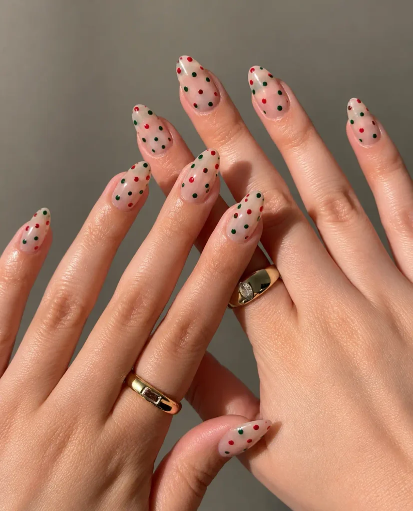 Negative-space nails with scattered red and green dots