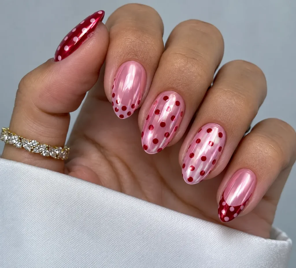 Reflective pink chrome nails with cherry-red polka-dot nail art.