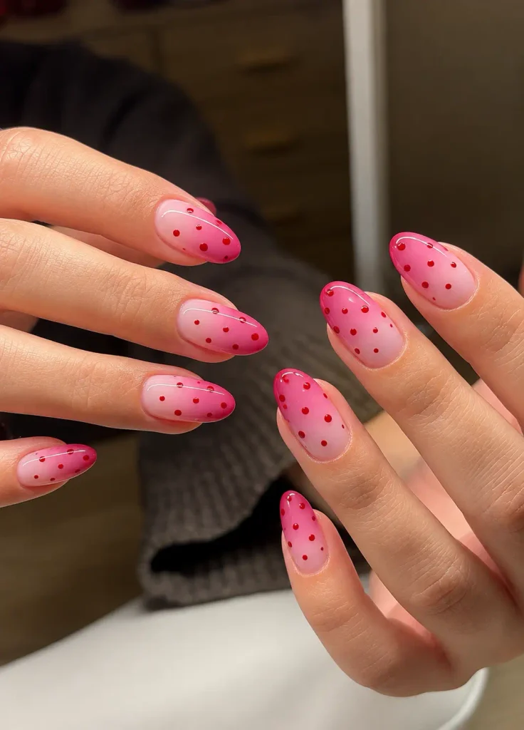 Pink ombré manicure fading from pale pink to rose pink with cherry-red dots.