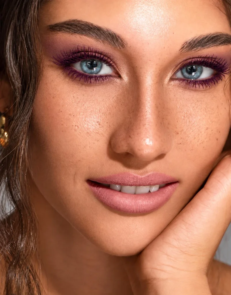Woman with blue eyes wearing plum mascara with subtle, polished eye makeup