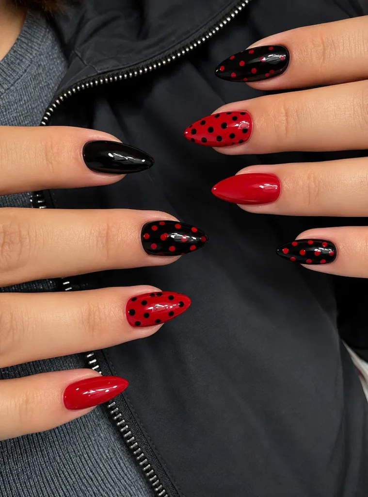 Red and black nails with polka-dot patterns on accent fingers and solid-color nails
