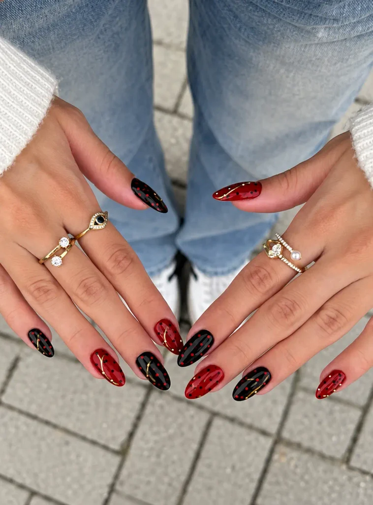 Red and black polka dot nails with fine gold accents on an accent nail