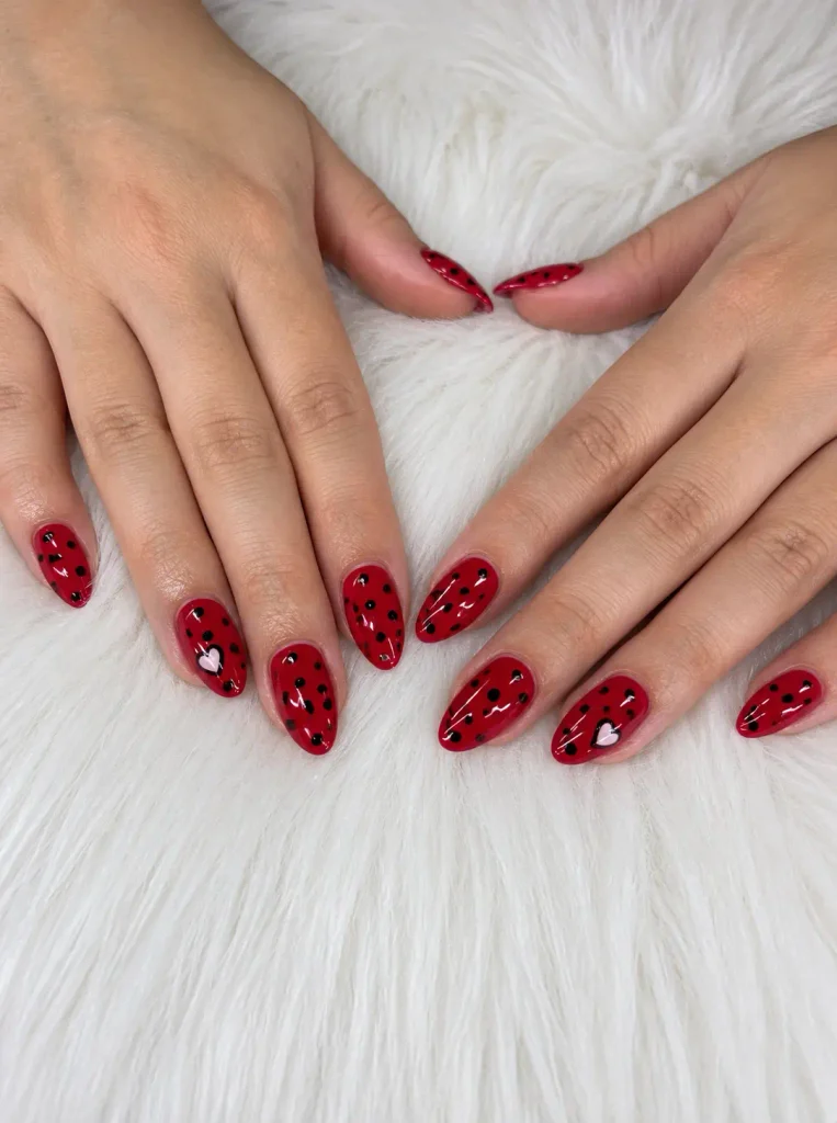 Red and black polka dot nails with a tiny red heart on a black accent nail
