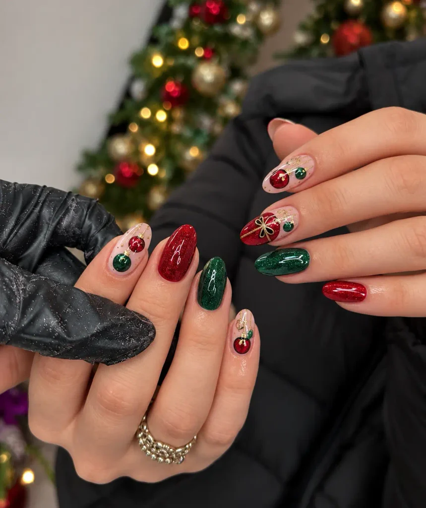 Red and green Christmas ornament nails with decorative baubles and fine hanging lines on a neutral base