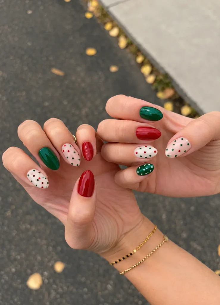 Red and green Christmas polka dot nails with small colorful dots on a cream base