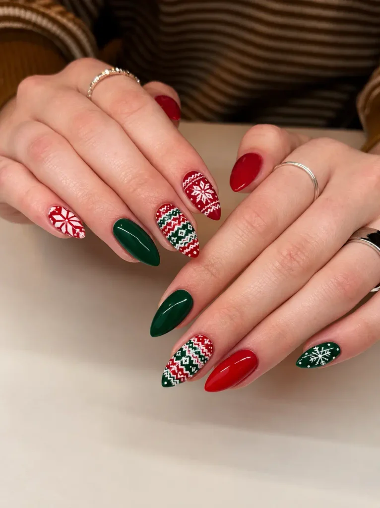 Red and green Christmas sweater nails with white knit-inspired diamonds and geometric patterns