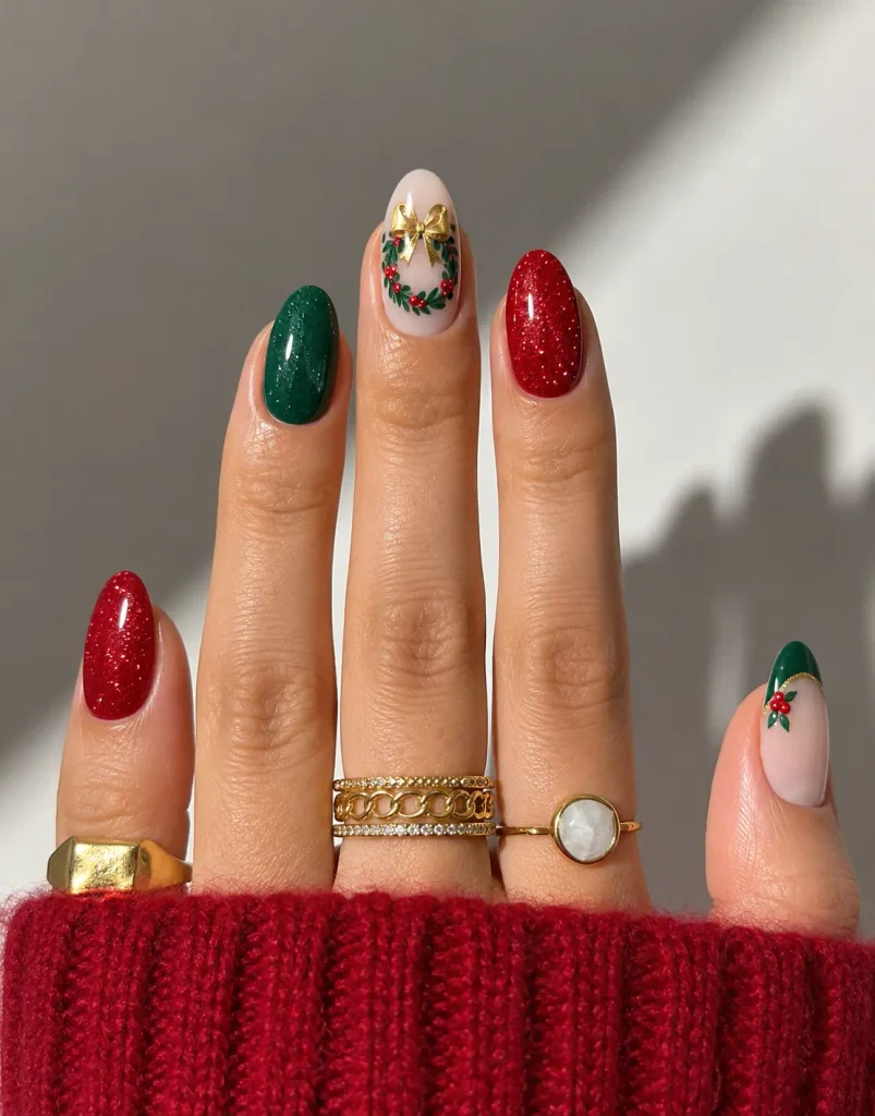 Miniature green Christmas wreath nail art with red berries and a gold bow on a nude base