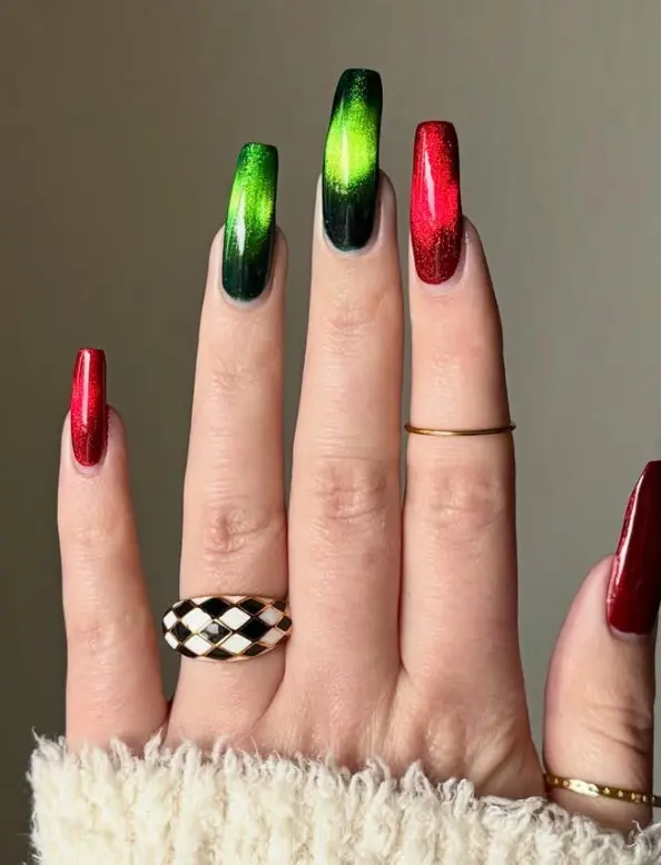 Red and green glitter Christmas nails with sparkling festive polish