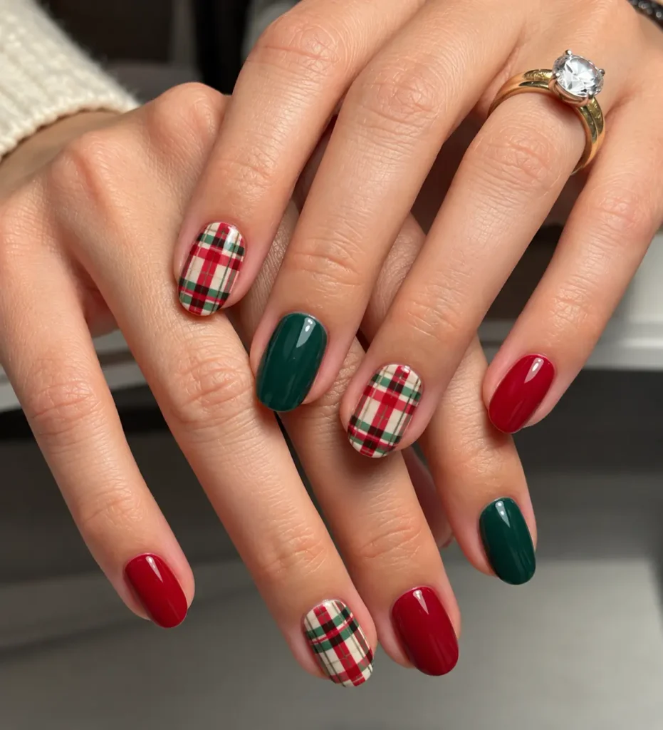 Red and green plaid Christmas nails with intersecting tartan lines on a light base