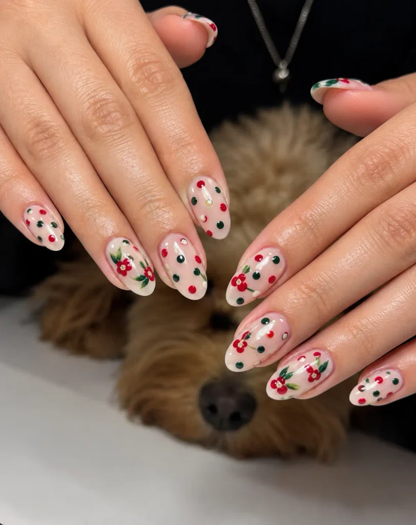 Red and green polka dot nails with tiny floral details