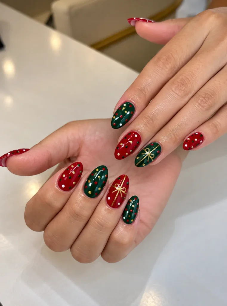 Red and green polka dot nails with delicate gold accents