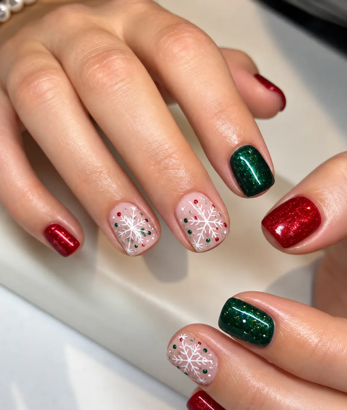 Red and green Christmas nails decorated with delicate white snowflake designs