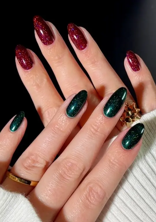 Red and green velvet Christmas nails with a dimensional magnetic polish glow