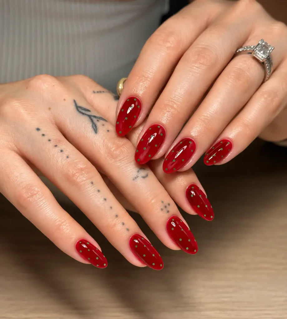  Translucent red jelly nails with green polka dots