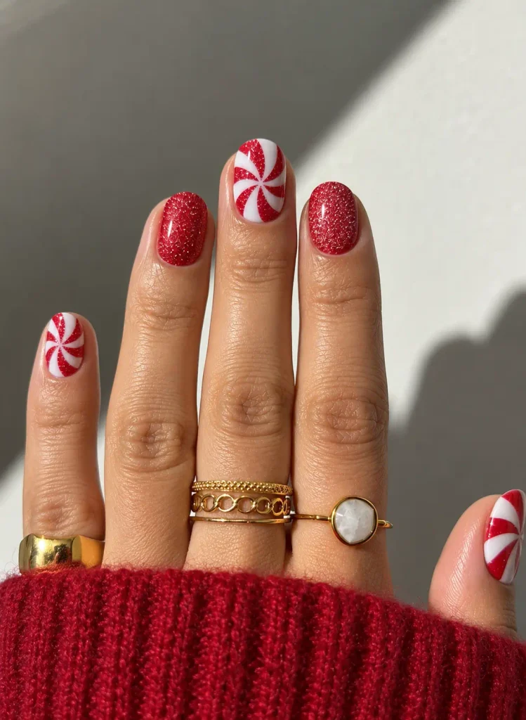 Short reflective red chrome nails with a smooth metallic finish and mirror-like shine.
