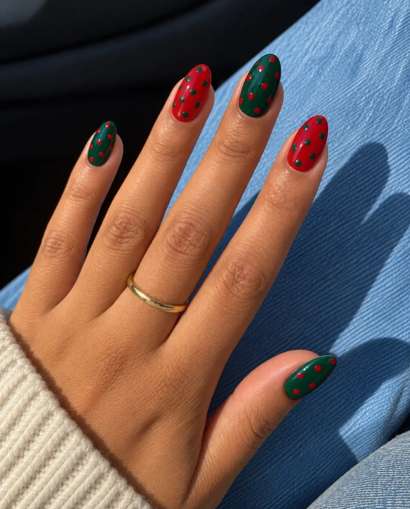 Retro red and green polka dot nails with oversized circles