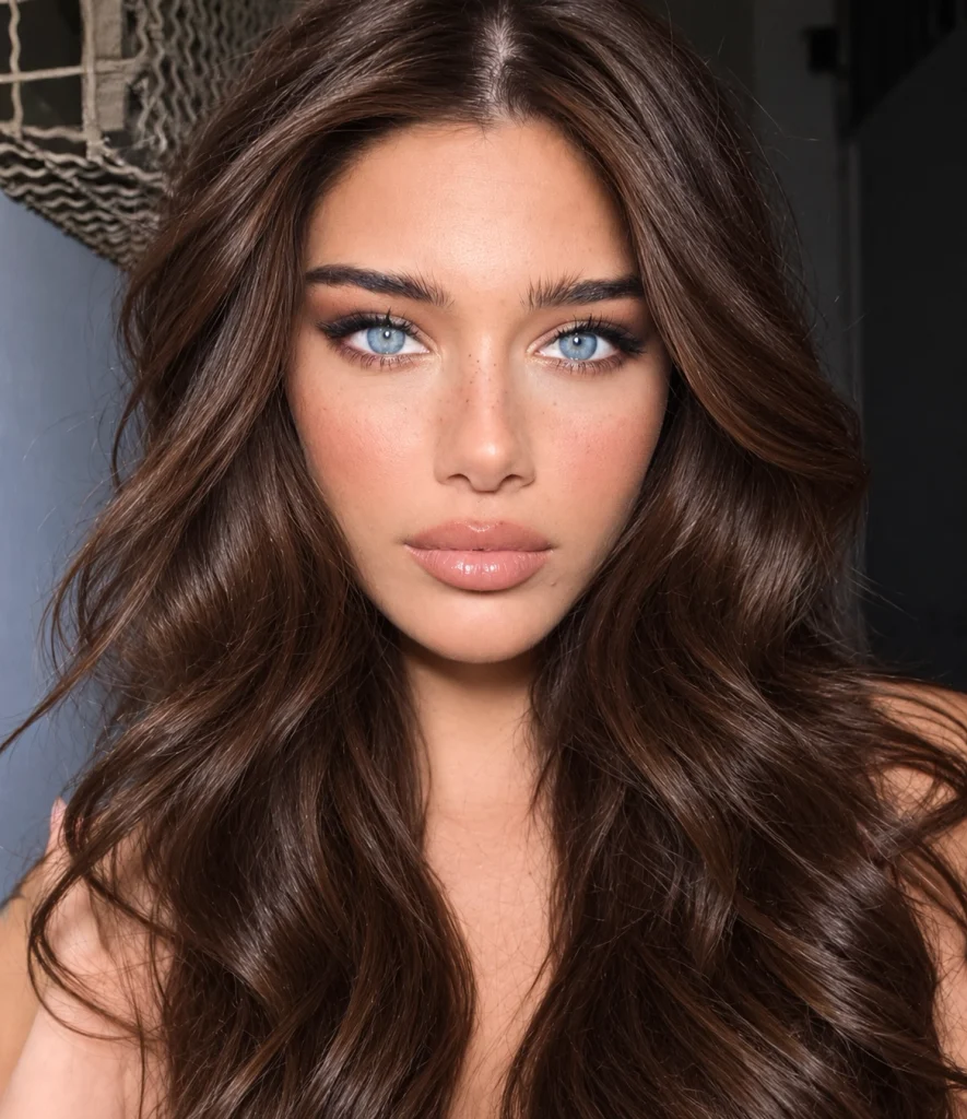 Glossy chocolate brown hair styled in soft waves, showing a rich brunette shade against a fair complexion.