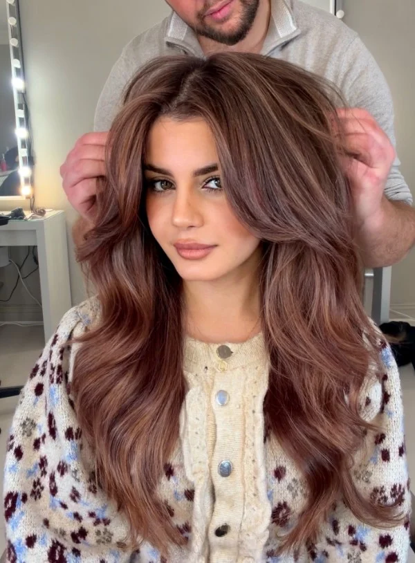 Rose brown hair color for light olive skin with a brunette base and soft rosy undertones.