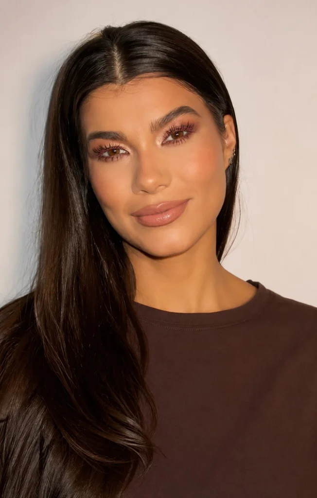 Woman with brown eyes wearing rose gold mascara for a soft luminous eye look