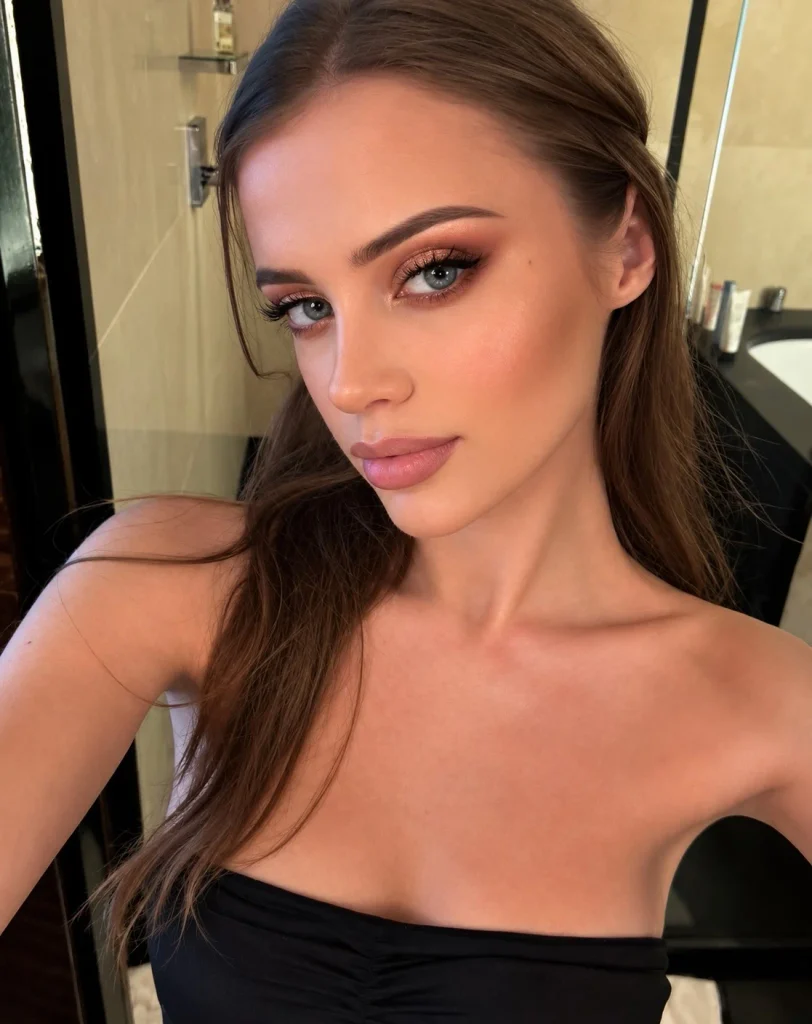 Blue eyes with shimmering rose gold eyeshadow across the lids and a warm brown crease for a soft glam makeup look.