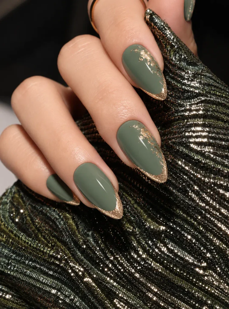 Sage green Christmas nails with champagne gold French tips, delicate foil, or fine gold shimmer
