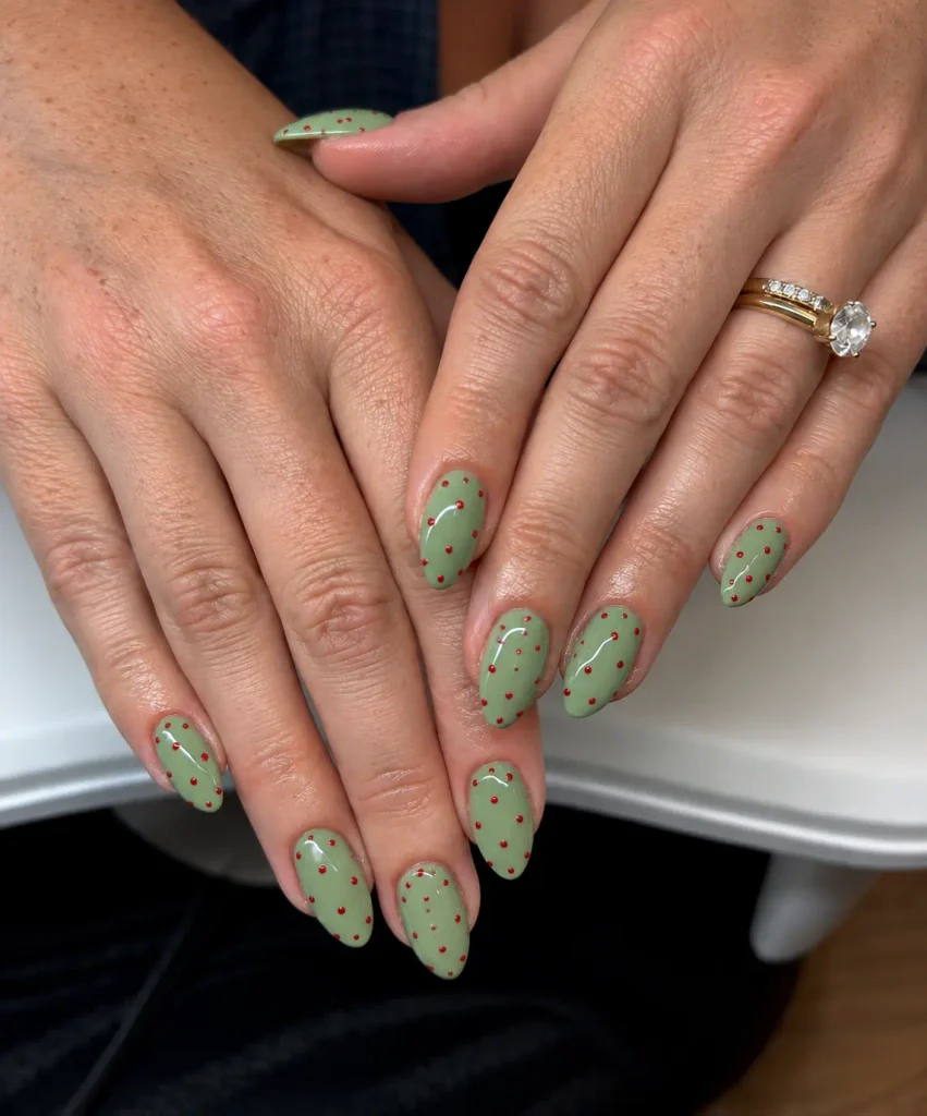  Sage green nails decorated with tiny cherry-red dots