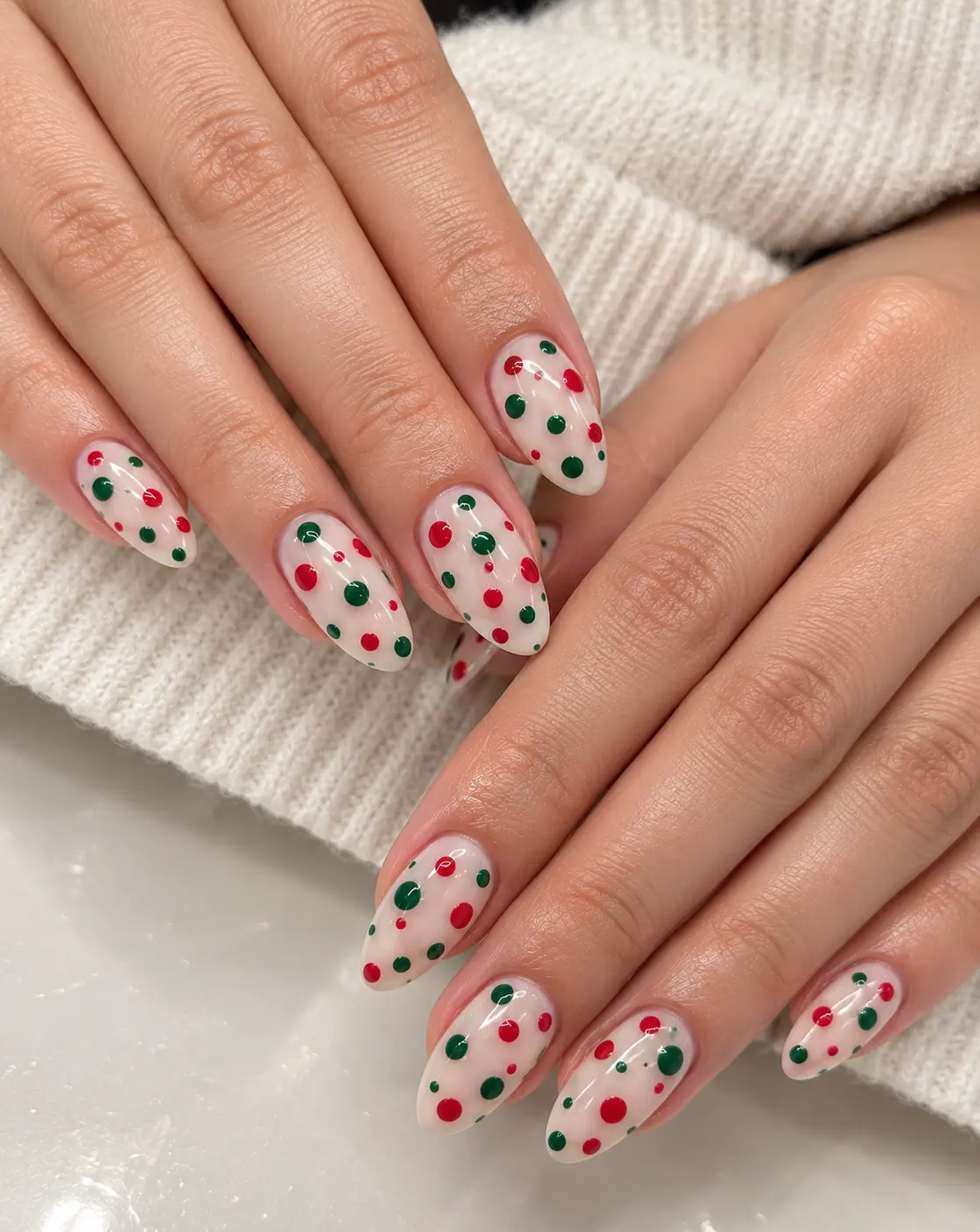 Milky nails with scattered red and green confetti-style dots