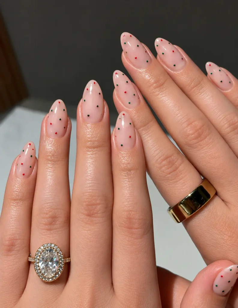 Sheer nude nails with minimalist red and green micro-dots