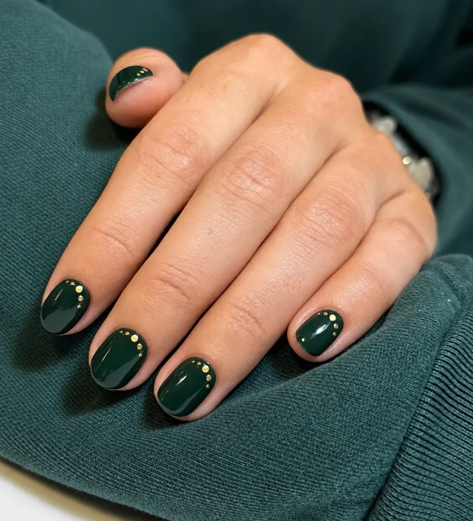 Short glossy green Christmas nails decorated with tiny gold dots near the cuticles or along the sides