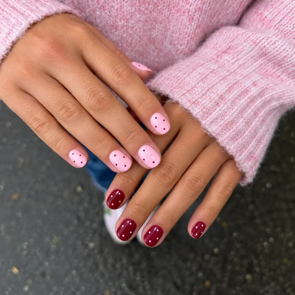 Short pink nails with small red dots arranged in a simple, spaced pattern.