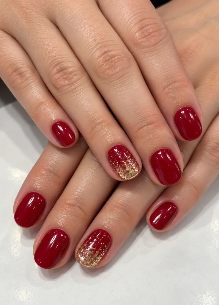 Short red Christmas nails with gold glitter fading from the tips for a sparkling festive manicure.