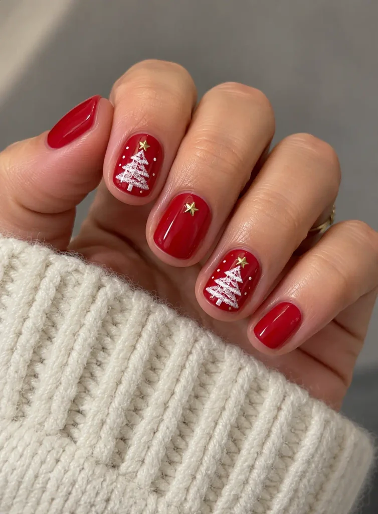 Short red Christmas nails featuring miniature white Christmas trees and tiny star details.