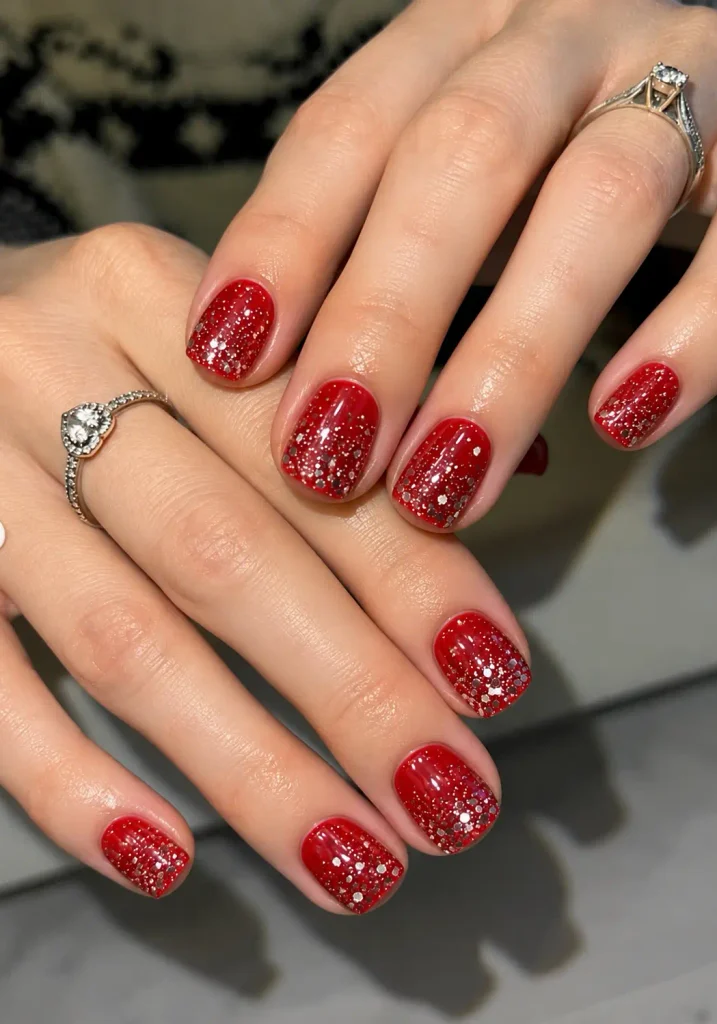 Short red Christmas nails covered with fine silver glitter for a sparkling winter manicure.