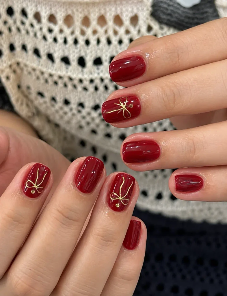 Short glossy red Christmas nails with tiny gold bow nail art for an elegant festive manicure.