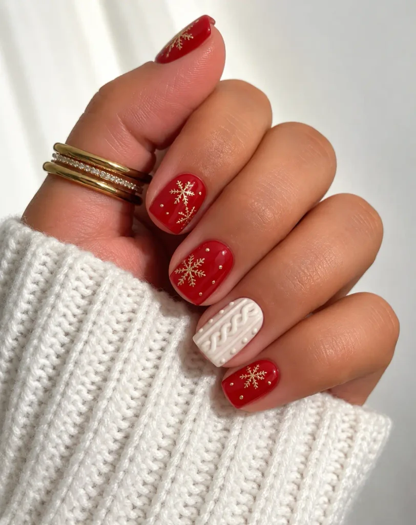 Short red Christmas nails with a raised white cable-knit sweater pattern on an accent nail.