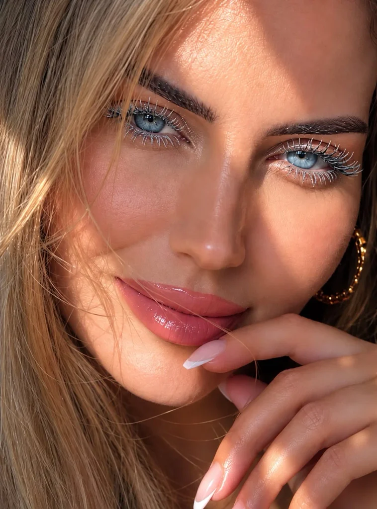 Woman with blue eyes wearing silver mascara for a luminous statement lash look