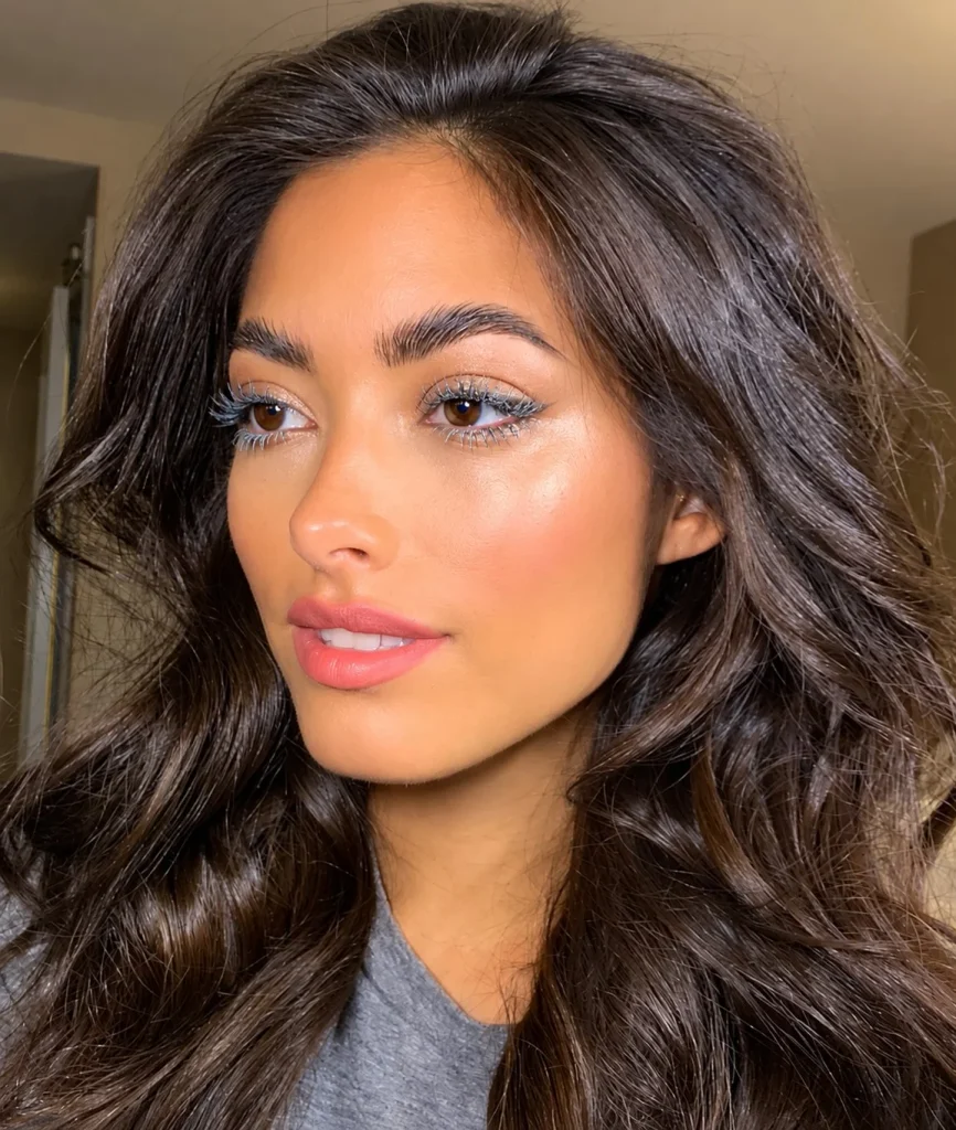 Woman with brown eyes wearing silver mascara for a cool reflective statement lash look